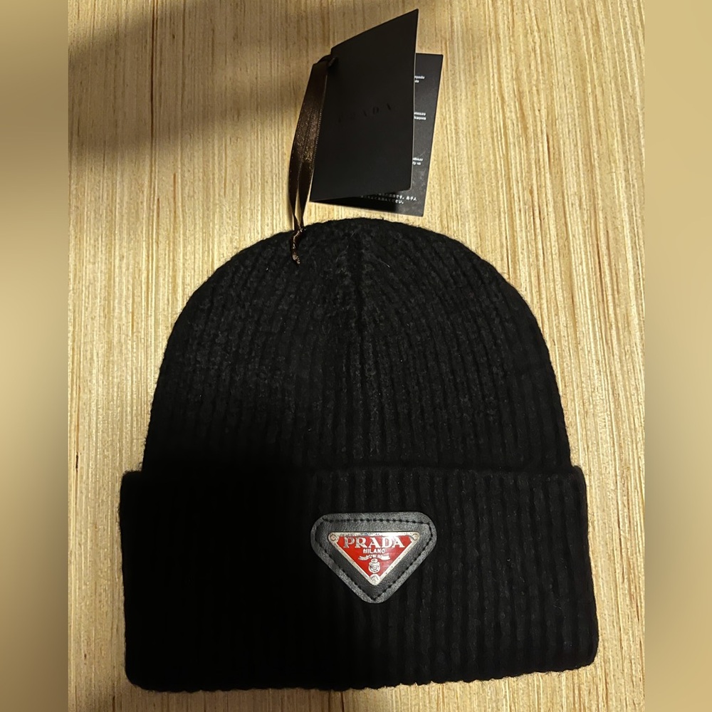 Prada Black Ribbed Wool Beanie
